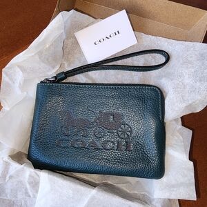 Coach Dark Green Leather Wristlet, Horse & Carriage Logo